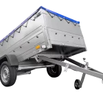 Anhänger mit faltbarer Deichsel GARDEN TRAILER 230 KIPP mit zusätzlichen Bordwänden, Stützrad und blauer Flachplane